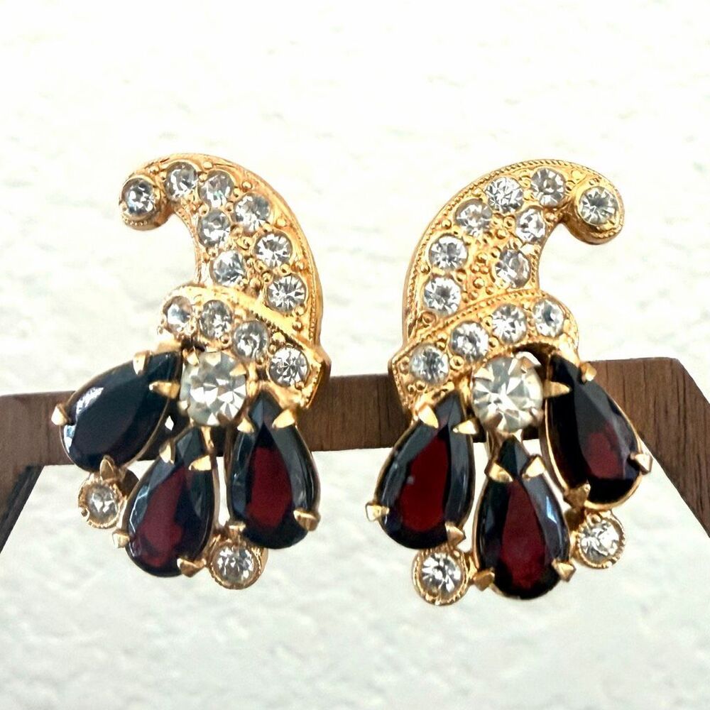 Gold-Tone Rhinestone & Deep Red Cabochon Clip-On Earrings